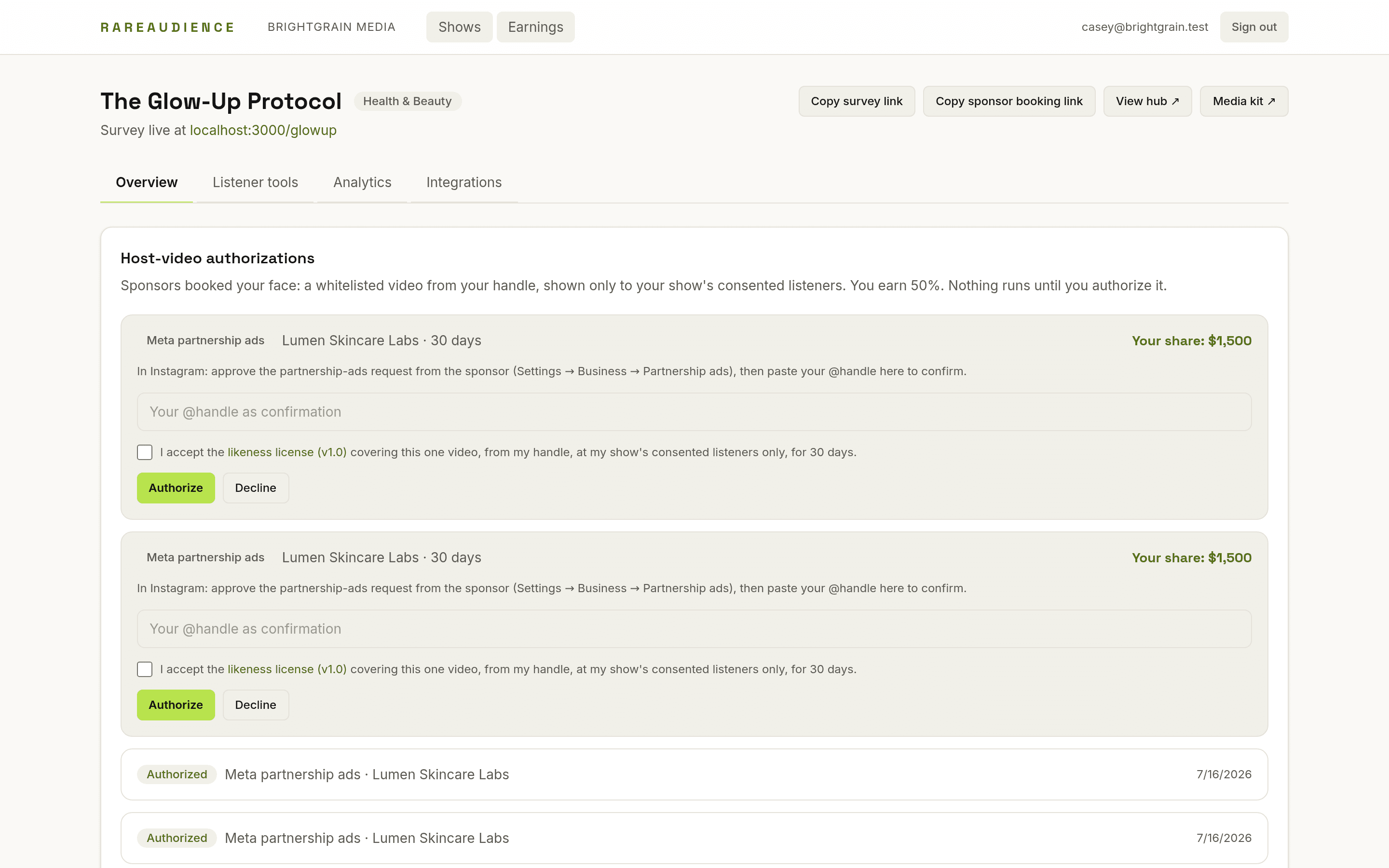 A show's live audience dashboard: responses, completion rate, verified composition