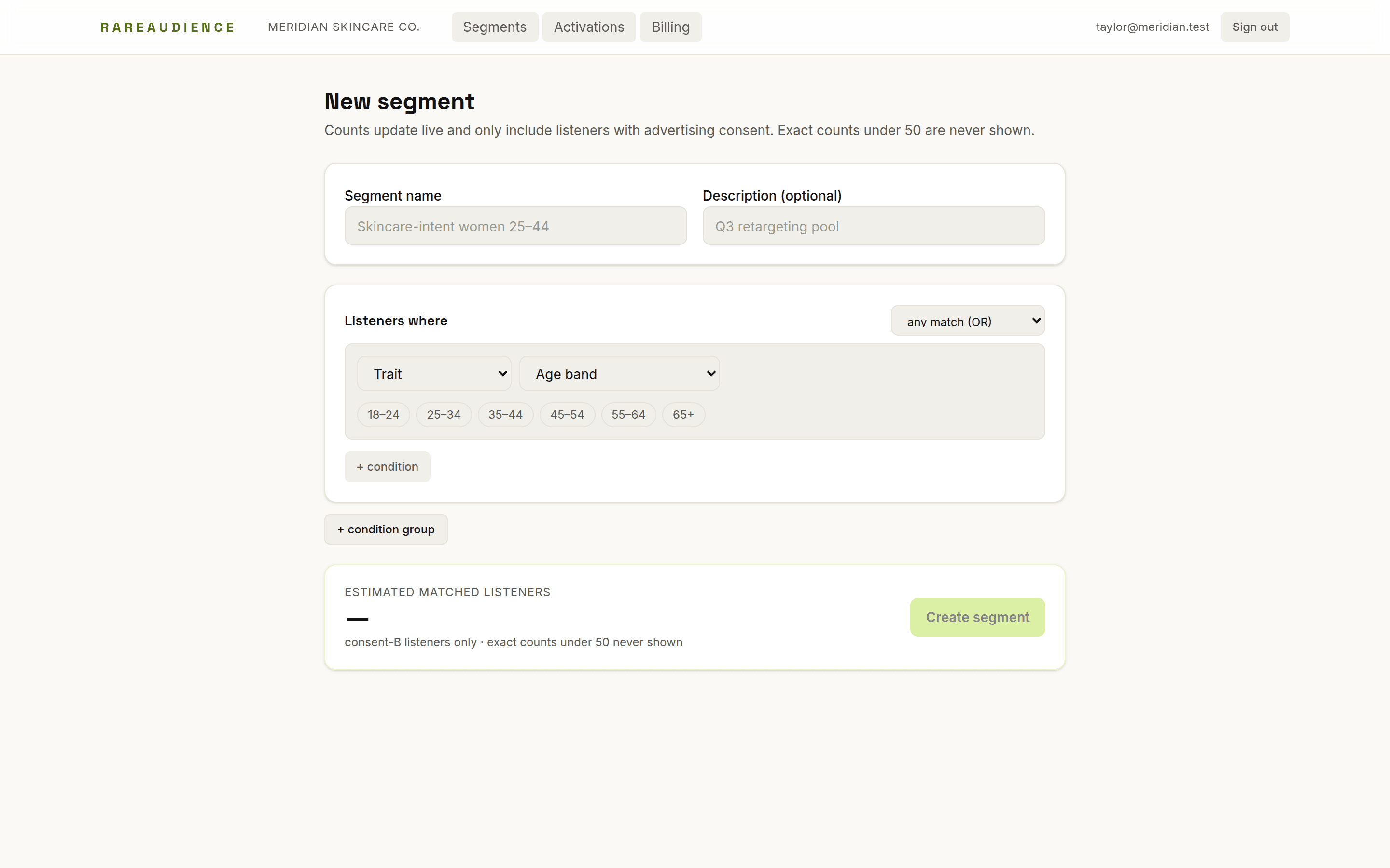 What a sponsor sees: a consented listener segment with verified composition